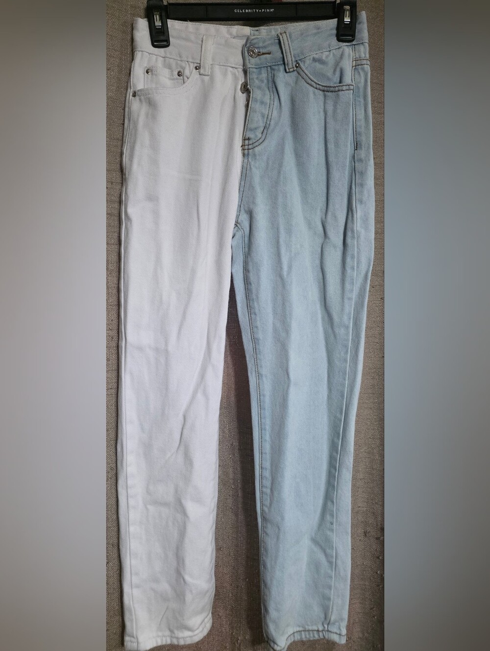 Adika SZ S Slim Straight 2 tone in White and Light Blue High Waisted Mom Jeans
